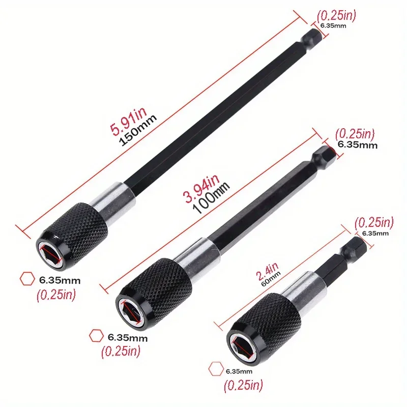 3PCS 60/100/150mm Extension Rod 1/4 Inch Quick Hex Shank Release Magnetic Electric Screwdriver Extension Bit Holder