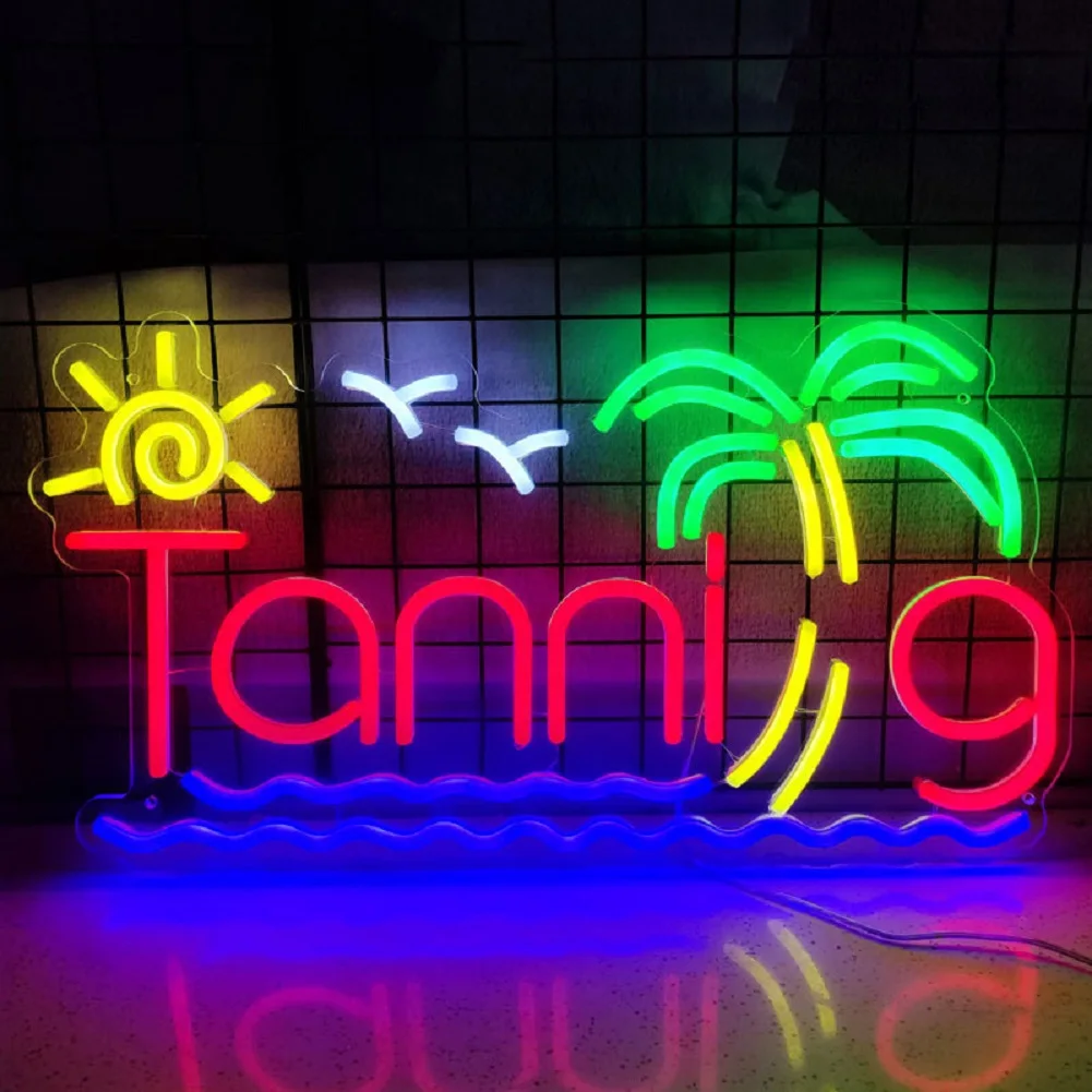 Custom Name Tanning Neon Sign Personalized Beach Themed LED Neon Light with Palm Tree Sun Seagull Wall Decor for Bedroom Summer