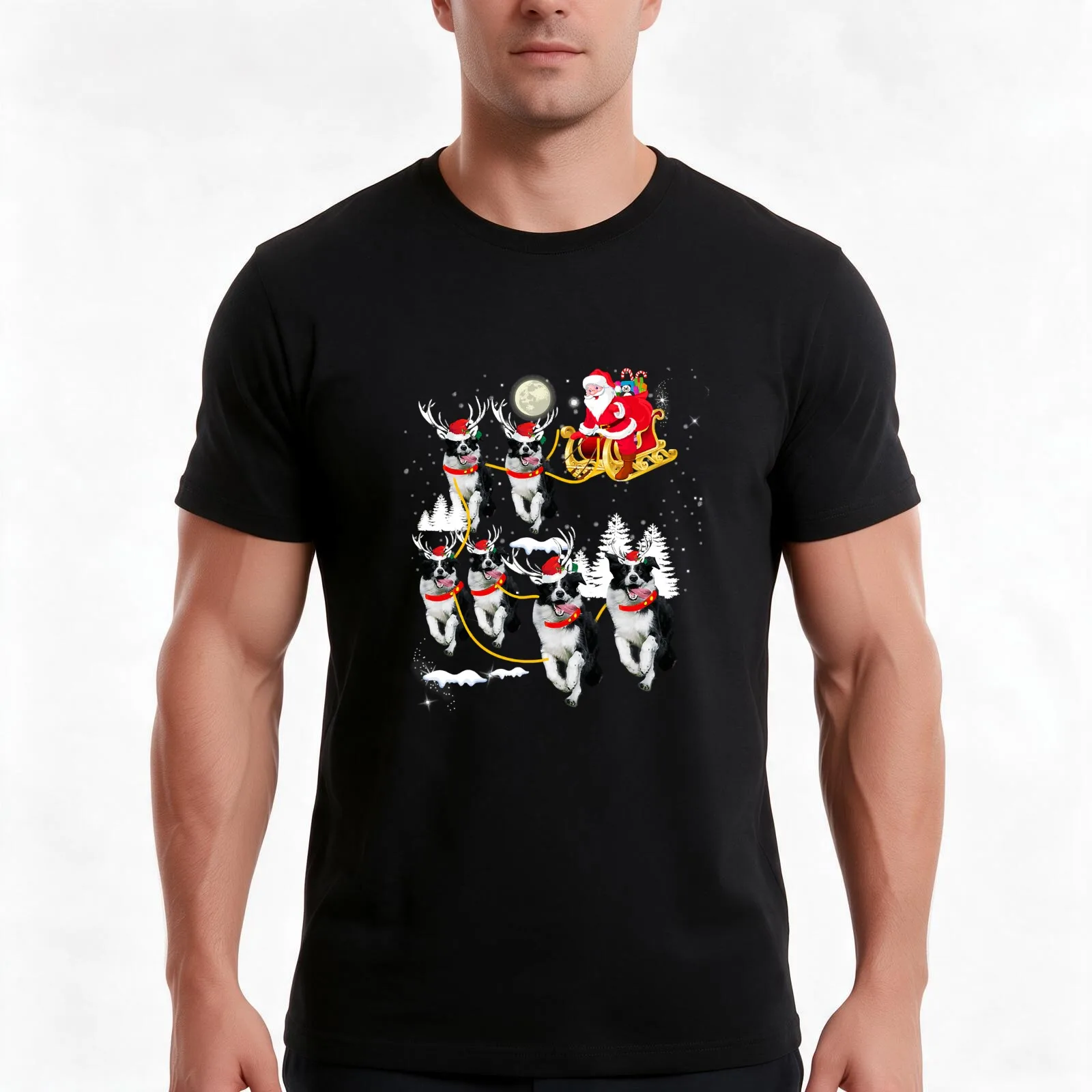 Santa Riding Border Collie Christmas T-Shirt Summer Casual Cotton Tee Oversized Streetwear Tops Vintage Graphic Print