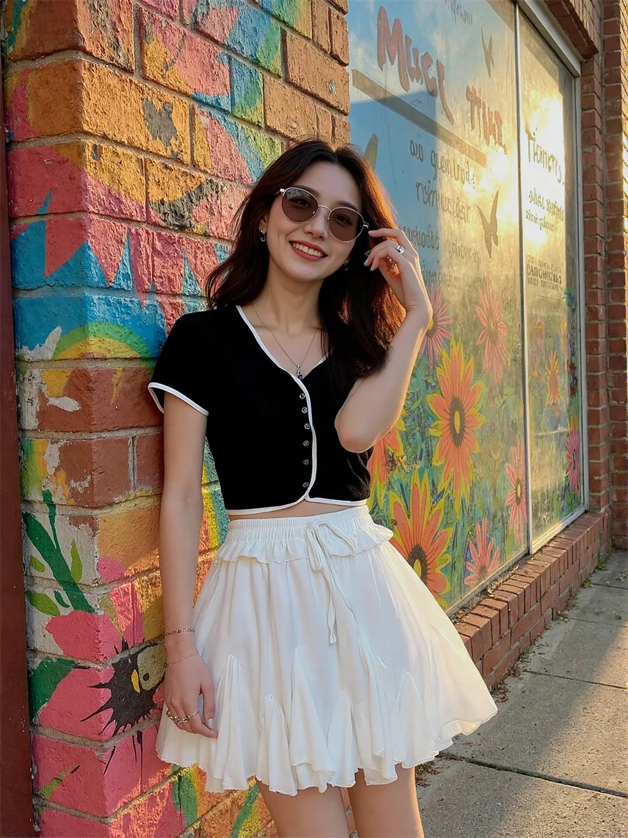 Pleated Mini Black White Skirts Womens Mesh  Balloon Layered Ruffle Hem Elastic Waist Artistic College Furry Night Pastel