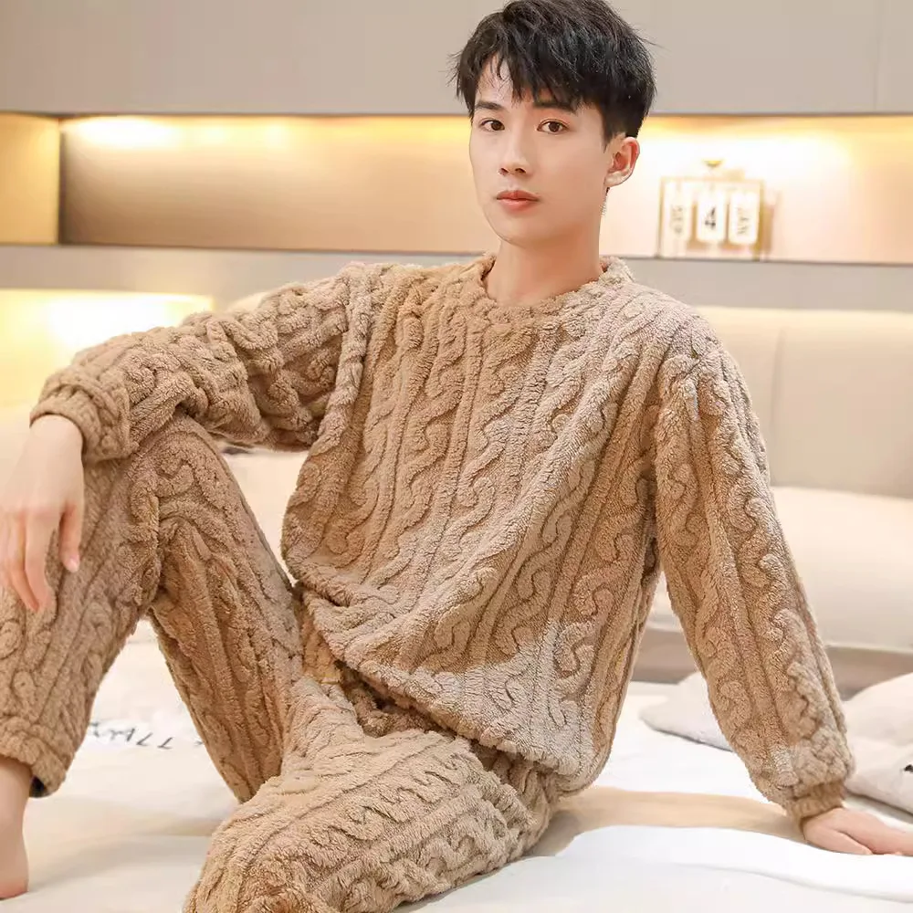 Autumn-Winter Thermal Pyjamas Jacquard Soft Cotton Flannel Warm Set 2025 Unisex Thickened Thermal Couple's Pyjamas Homewear Set