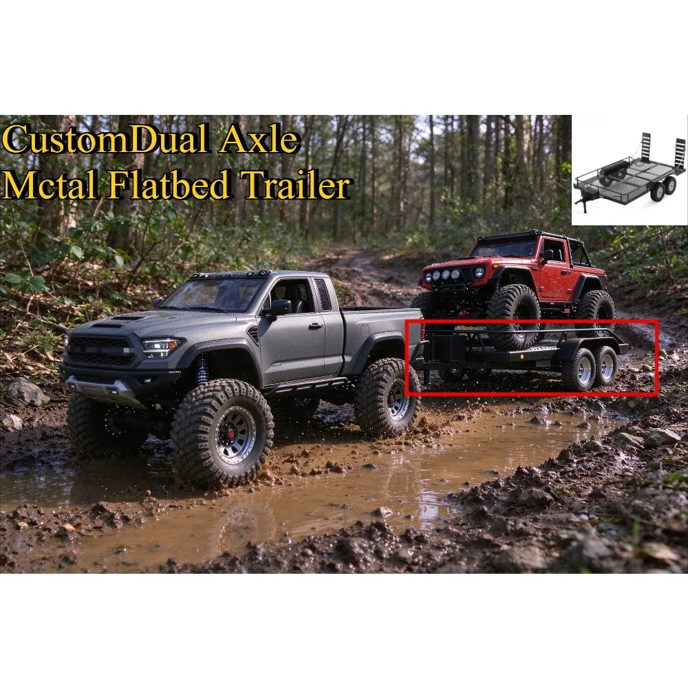 Dual Axle Metal Flatbed Trailer RC Crawler Upgrade 1/10 Scale For Axial SCX10 II TRX4 D90 YIKONG RC custom size Accessories
