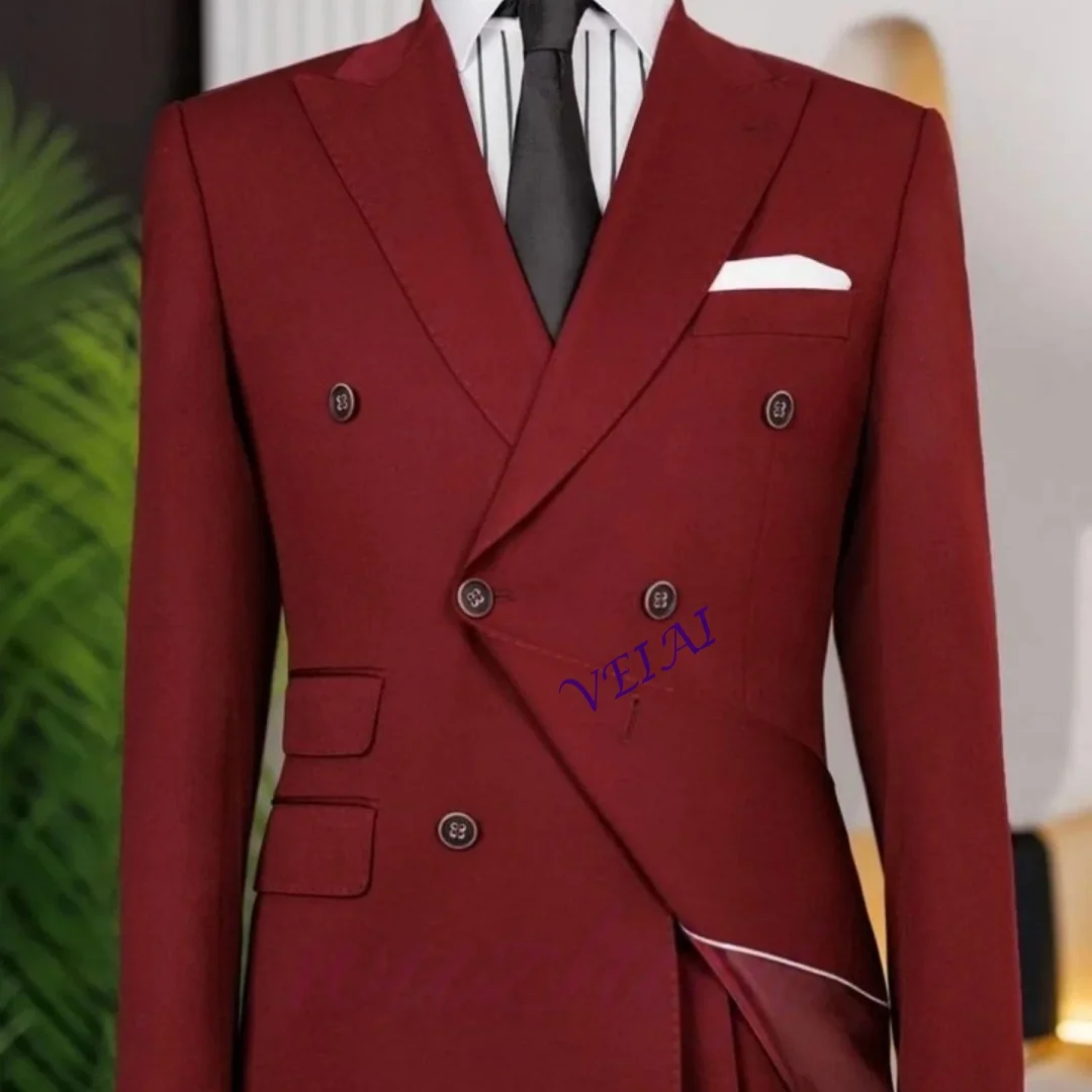 

Red Classical Men Suits 2 Piece Sets Double Breasted Party Jacket Pants Wedding Groom Blazer Business Tuxedos Costume Customized