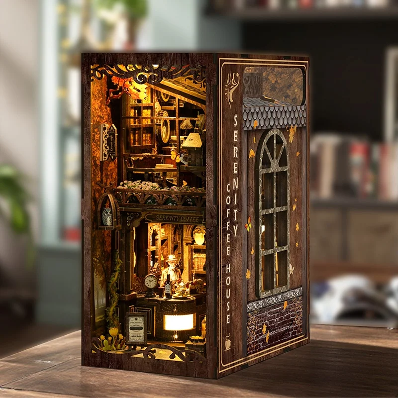 DIY Wooden Book Nook Serenity Coffee House Figurines Miniatures Bookend Handmade Bookshelf for Friends Gifts Home Decor Crafts