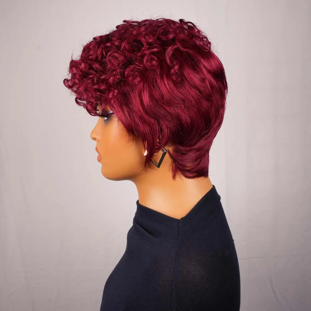 Peruka pixie cut w kolorze burgundowym, krótka, kręcona, dla czarnoskórych kobiet, warstwowa, z brazylijskich włosów remy, wykonana maszynowo, do codziennego użytku.
