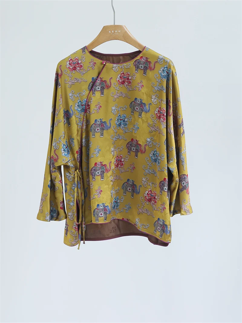 

Женская рубашка в китайском стиле с длинными рукавами, традиционная вышитая блузка с шелковой лентой и косым воротником, круглый вырез горловины