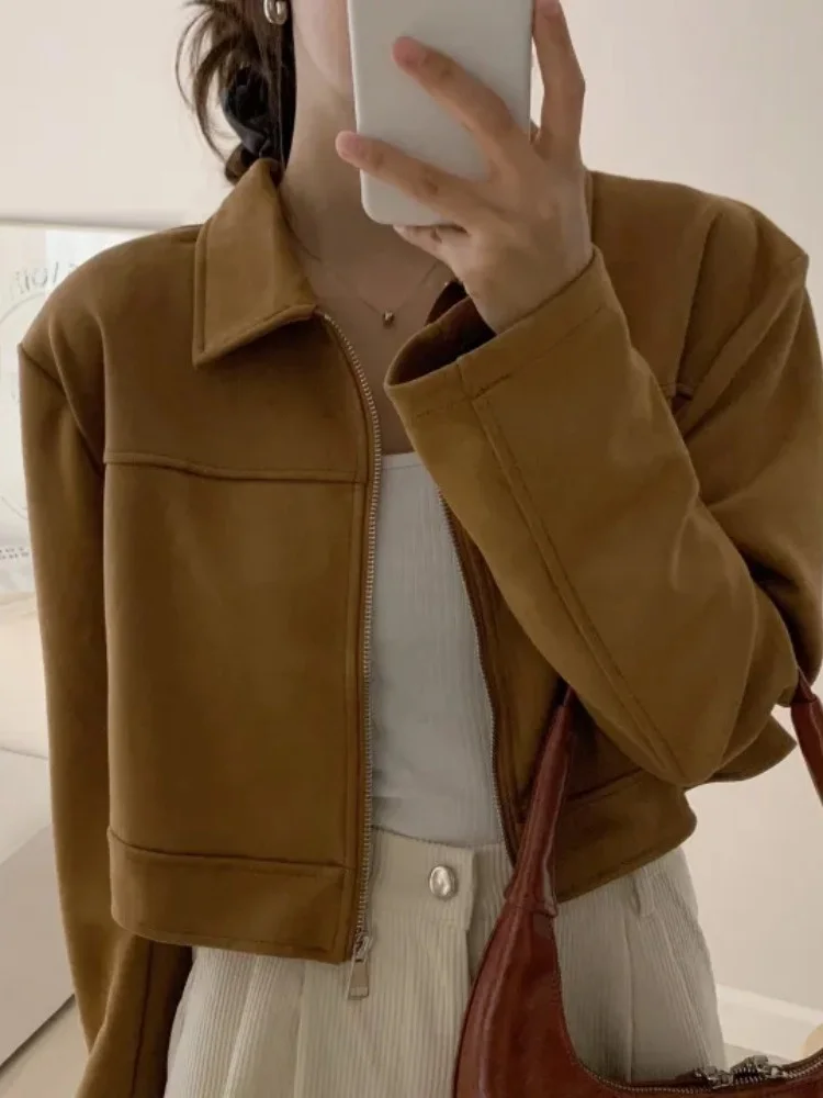 Jaqueta Fena Estilo Coreano Curta com Gola, Design Slimming Preto, Estilo Vintage de Hong Kong, Cardigan Aberto