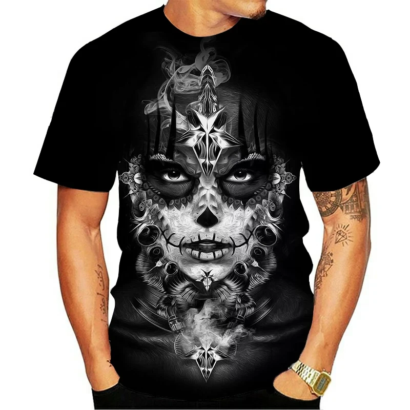 Crânio 3D beleza padrão impressão camiseta masculina, camiseta de manga curta, top de Harajuku, streetwear extragrandes, hip hop, o pescoço,