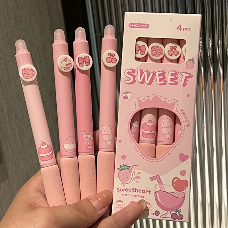 4 pezzi Kawaii Cartoon penna Gel cancellabile scrittura penna liscia ad asciugatura rapida strumento di scrittura forniture per ufficio scolastico cancelleria estetica