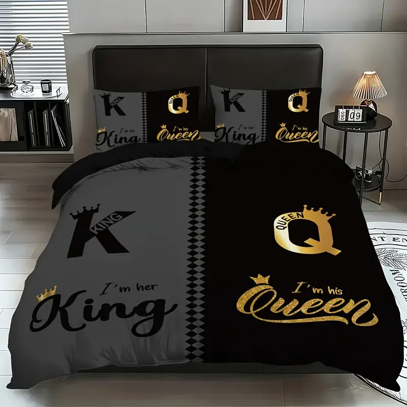 Juego de cama de moda con estampado king size y queen, color negro y gris, 1 funda nórdica + 2 fundas de almohada, para el hogar y el dormitorio, 3 uds.