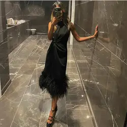 Short Black Muslim Evening Dresses With Feathers فساتين السهرة A-Line Party Gowns Prom Dress Tea Length Robe de soirée for Women