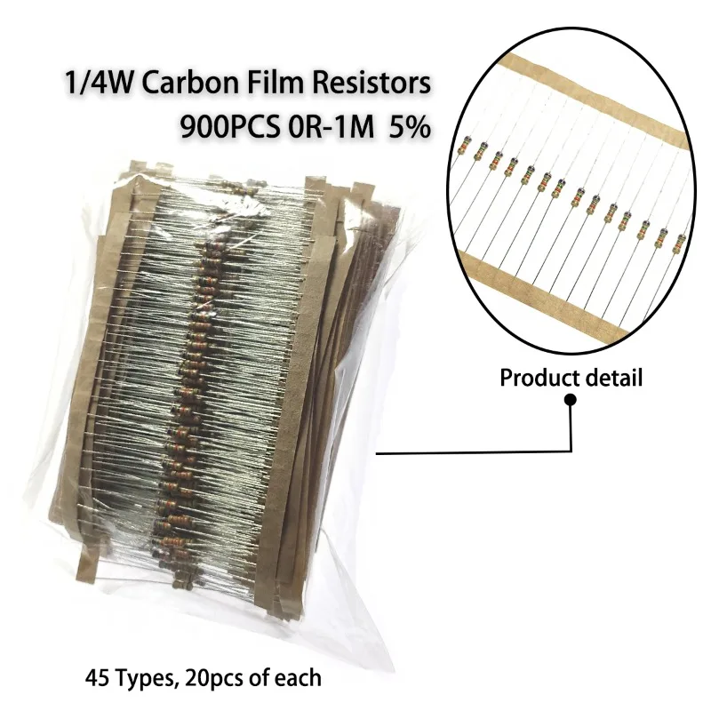 900pcs 45 Values Carbon Film Resistor 1/4W 5% 0R ohm-1M ohm for DIY Projects and Experiments