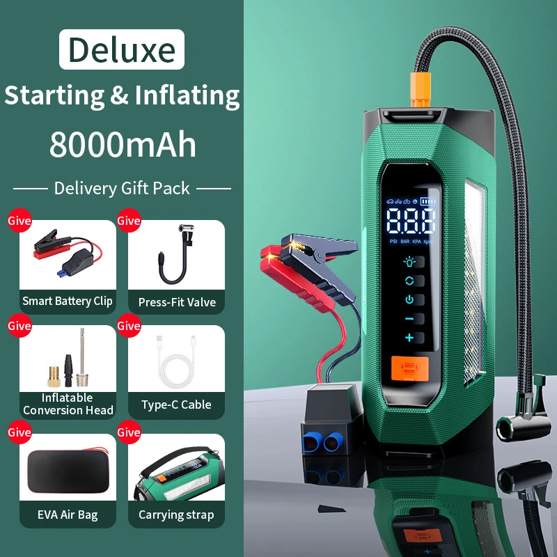 12V Car Jump Starter 6000A Portable Air Pump Tire Inflator Battery Booster Pack 150PSI Digital Compressor LED Emergency Charger