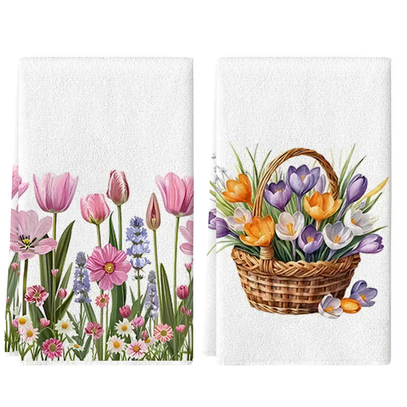 2Pcs, Tulip + Flower Basket Bouquet Kitchen Towels, 40Cm*60Cm Towel Set, Super Absorbent Soft Cleaning Cloth, Cooking Baking Tea Towel, Hand Towel, Cleaning Cloth, Dishcloth, Kitchen Decoration, Living Room Decoration, Kitchen Essentials, Home Essentials