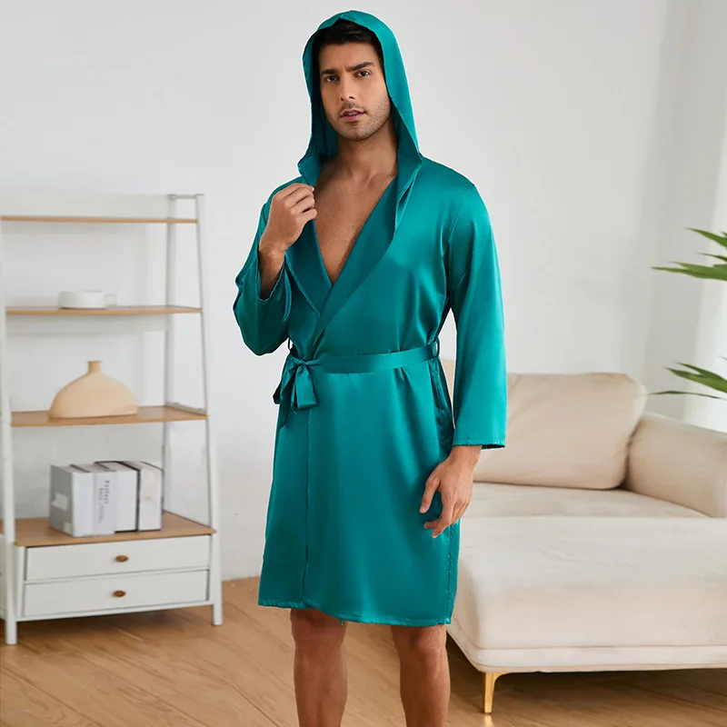 New Men's Robe Shorts Suit Two Piece Pajamas Sleepwear Loose Casual Hooded Bathrobe Gown Loungewear Ice Silk Homewear Lingerie