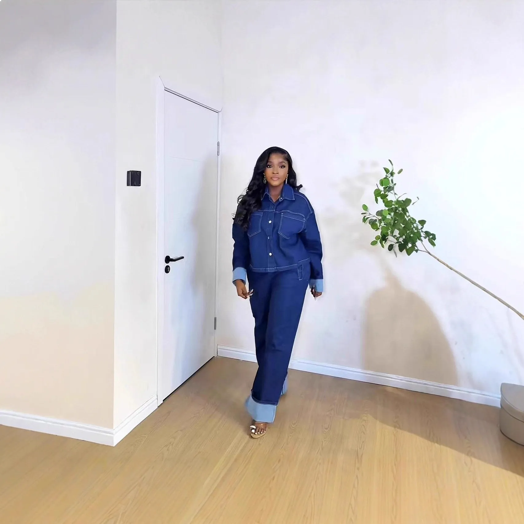 Retro Denim Jumpsuit Overall Long Sleeve Button Down Blouse Top Spring Summer Matching Set