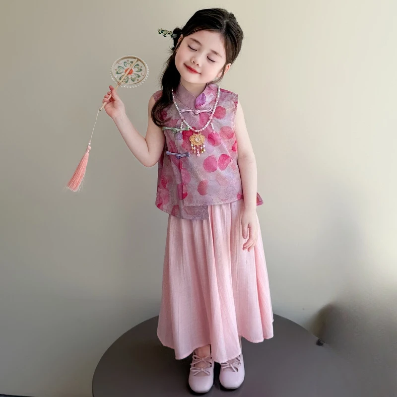 

Girls Chinese Style Summer Set 2026 New Children Modern Sleeveless Top Baby Wide-Leg Pants Two-Piece, Outfit Collection