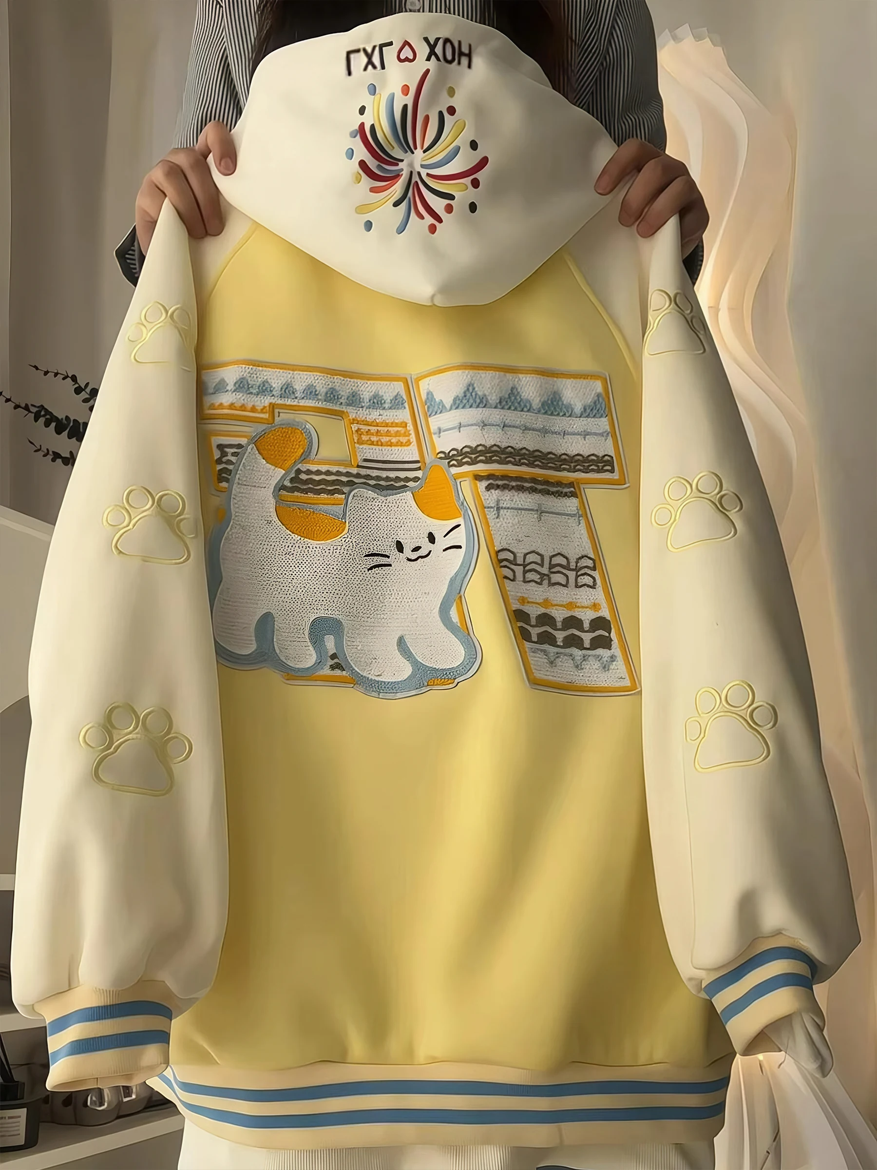 Spring and AutumnAmerican High Street Cat Embroidery Baseball Jacket for Women Loose Casual Versatile Yellow Jacket