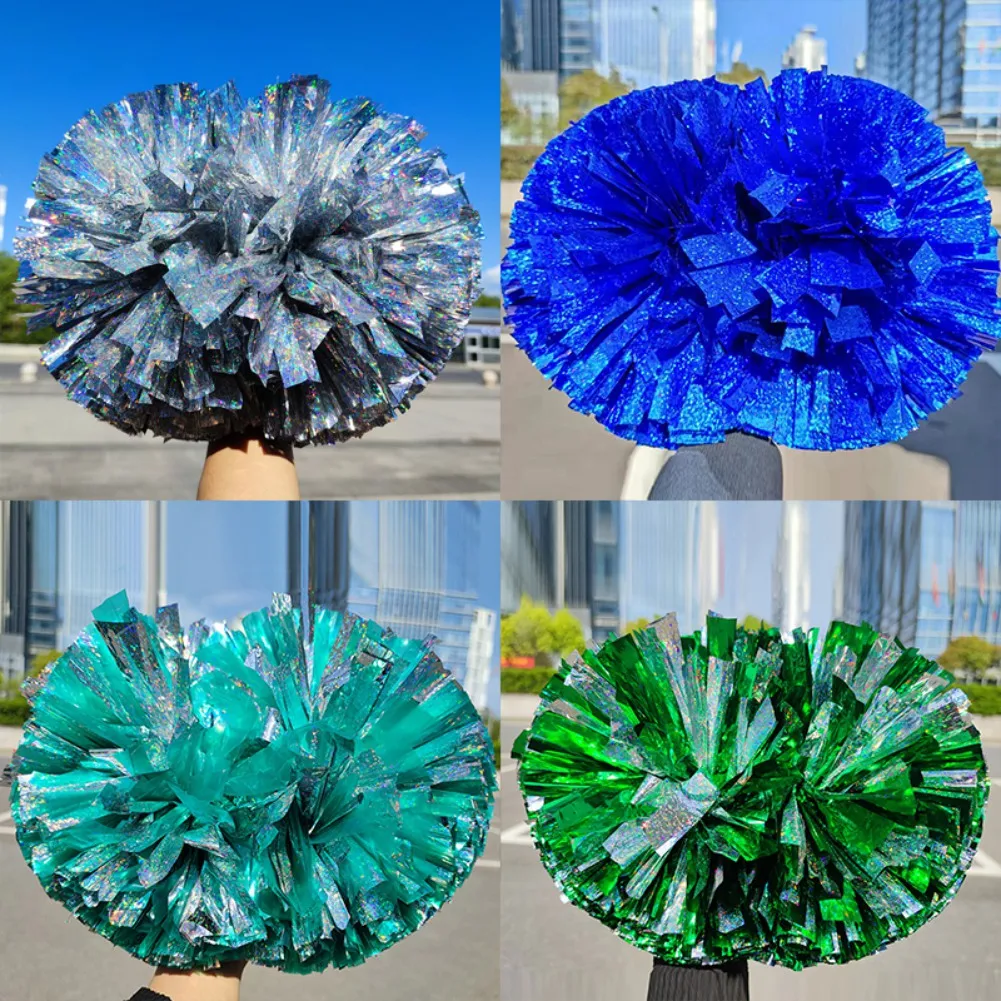 Pompons flâmula metálicos para dança cheerleading, punho plástico, bola torcendo, decoração do clube, fornecimento do esporte, 1PC