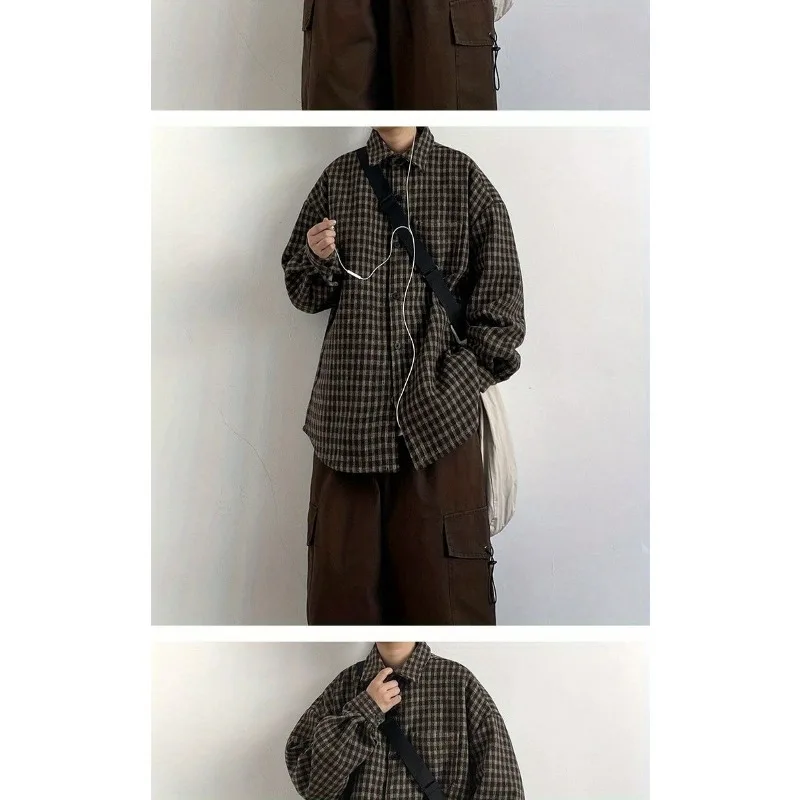 Japanese Retro Loose Shirt Jacket Men's Autumn and Winter College Style Velvet Thickened Versatile Plaid Cardigan