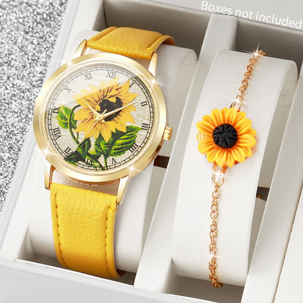 

2PCS/Set Fashion Flower Dial Women Watches Leather Strap Quartz Watch With Daisy Bracelet Set Reloj Mujer (Without Box)