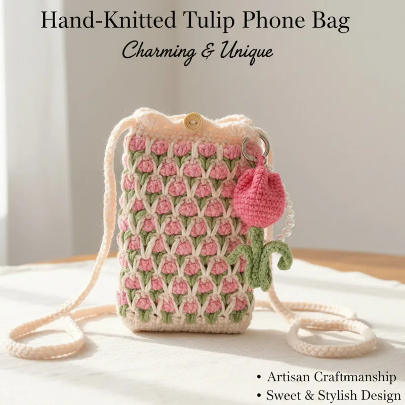 

Handmade Pink Tulip Pattern Crochet Crossbody Bag Mini Knitted Portable Phone Bag For Women Birthday Valentine's Day Gift New