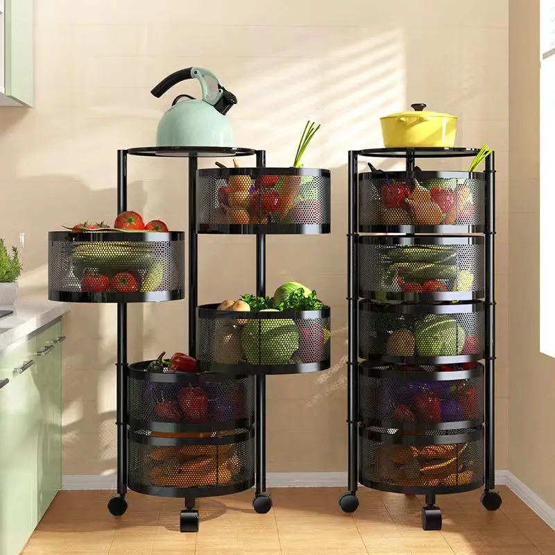 Picture 4: Metal Basket Kitchen Storage Multifunction Rotating Storage Baskets Rack Shelf Cube Fruit Vegetable Organizer with Wheels