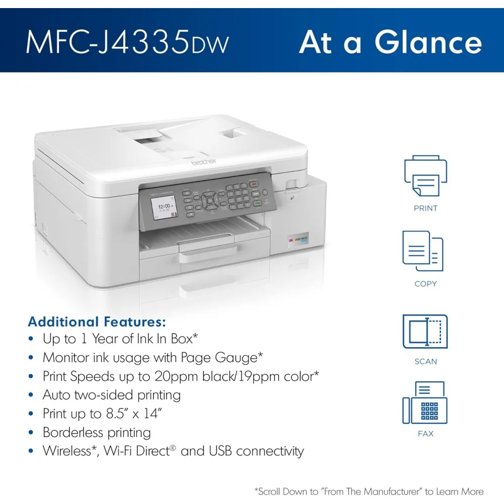 MFC-J4335DW INKvestment Tank All-in-One Printer with Duplex and Wireless Printing Plus Up to 1-Year of Ink in-Box