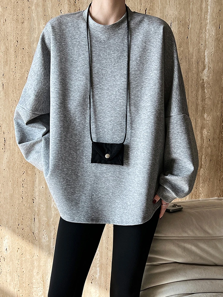 [LANMREM] Minimalism Casual Loose Sweatshirt For Women Round Neck Long Sleeve Korean Style Top Fashion 2024 Autumn New 26D9910