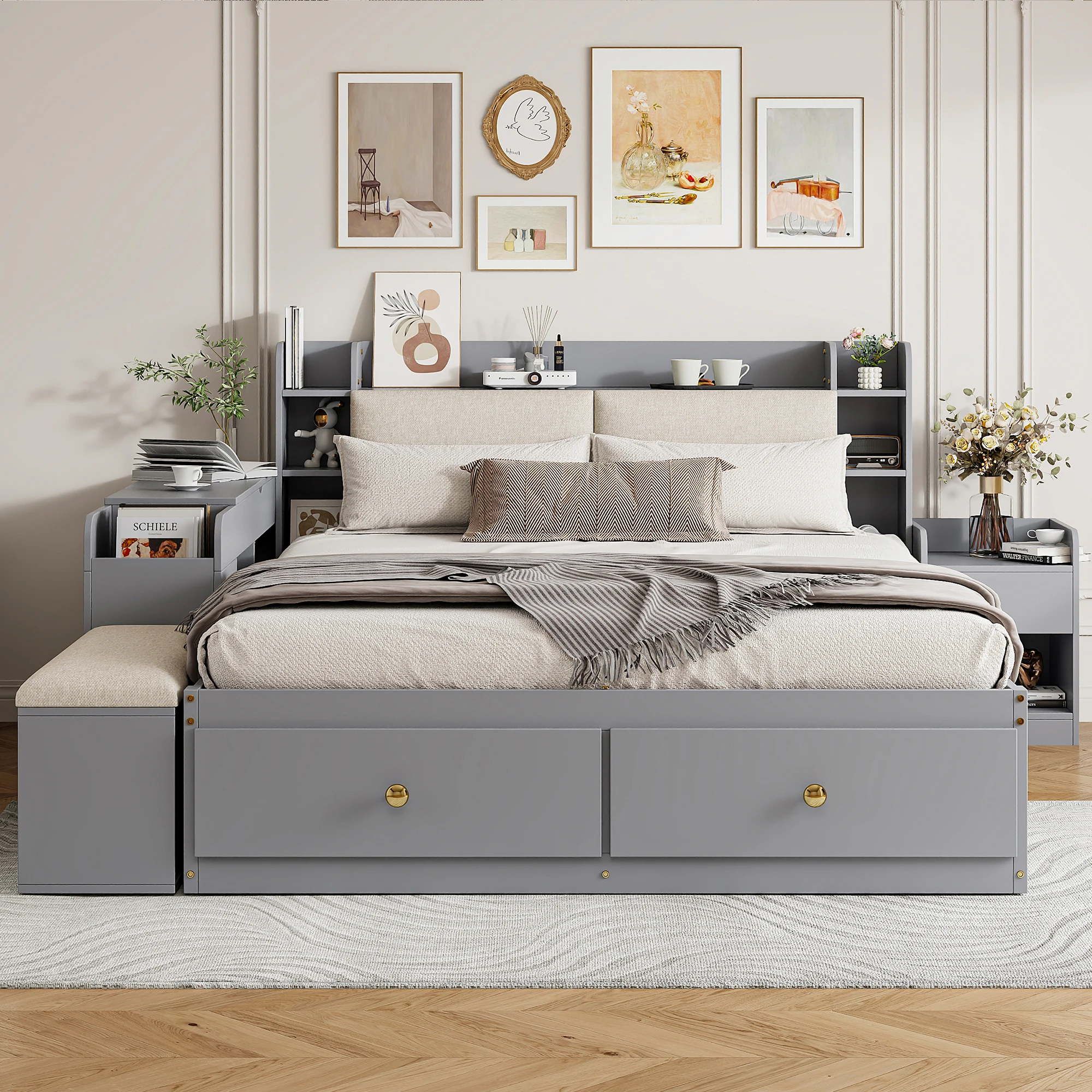 Lit combiné en bois massif KOMHTOM 140x200 cm avec compartiment de rangement intégré dans les tiroirs de la tête de lit, espace de rangement pour table de chevet