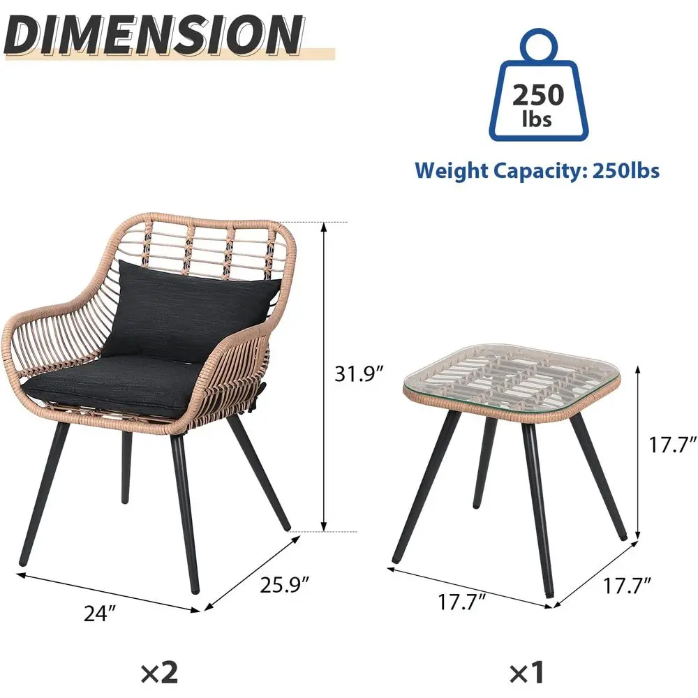 3 Piece Patio Bistro Set, Outdoor Wicker Contion Chair Sets Balcony urniture,Coee Table with Glass Top, Cushions & Lumbar Pillow