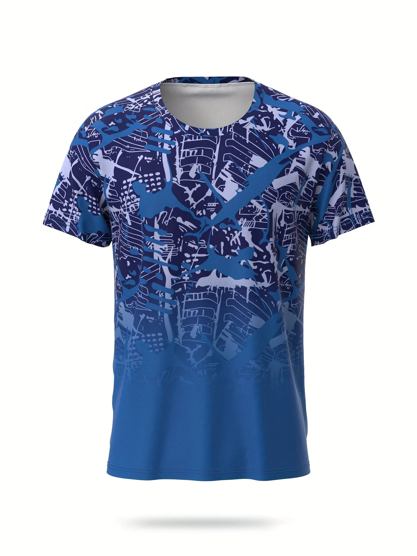 Men Sports Raglan Short Sleeve T-shirt High Elastic Quick Dry Palm Leaf Gradient Print Breathable Outdoor Fitness Top