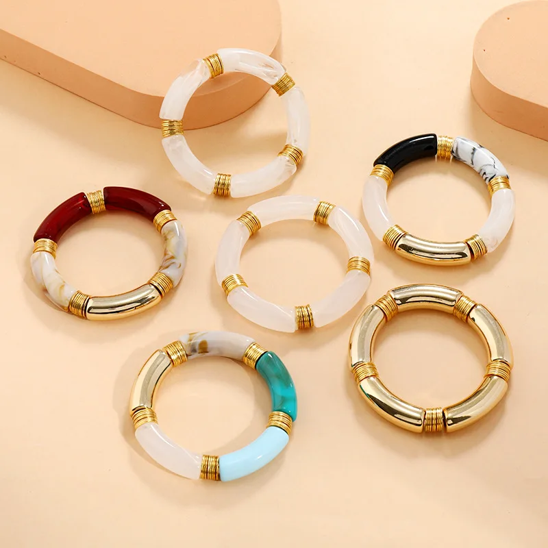 Chunky Acrylic Elbow Pipe Knee Bend Tube Colorful Elastic Retro Marble Bangle Bracelets for Women Curved Bamboo Tube Bracelet