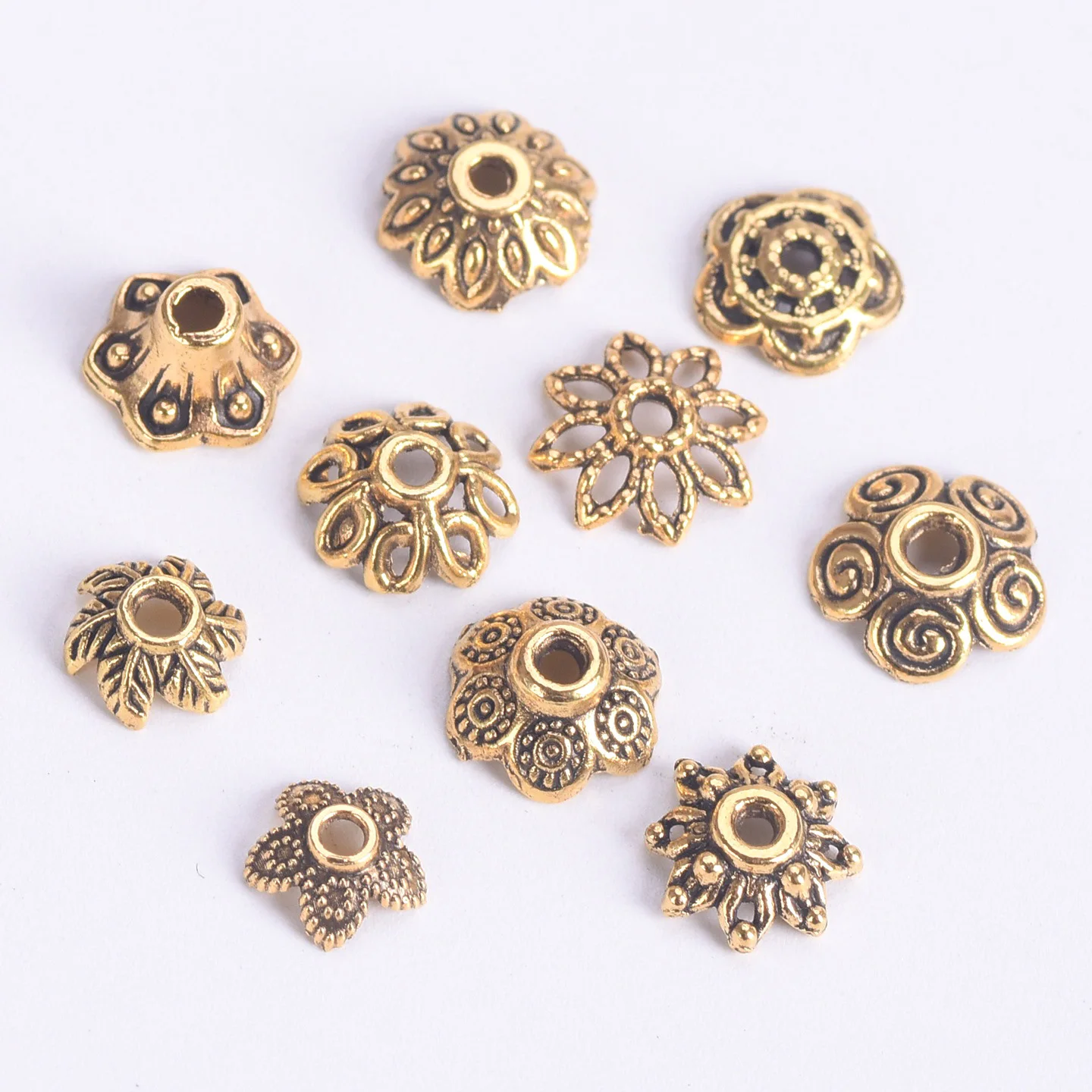 50pcs Antique Gold Color Metal Flower Loose Spacer Beads Caps Wholesale Lot for Jewelry Making DIY Crafts Findings 32#~53#