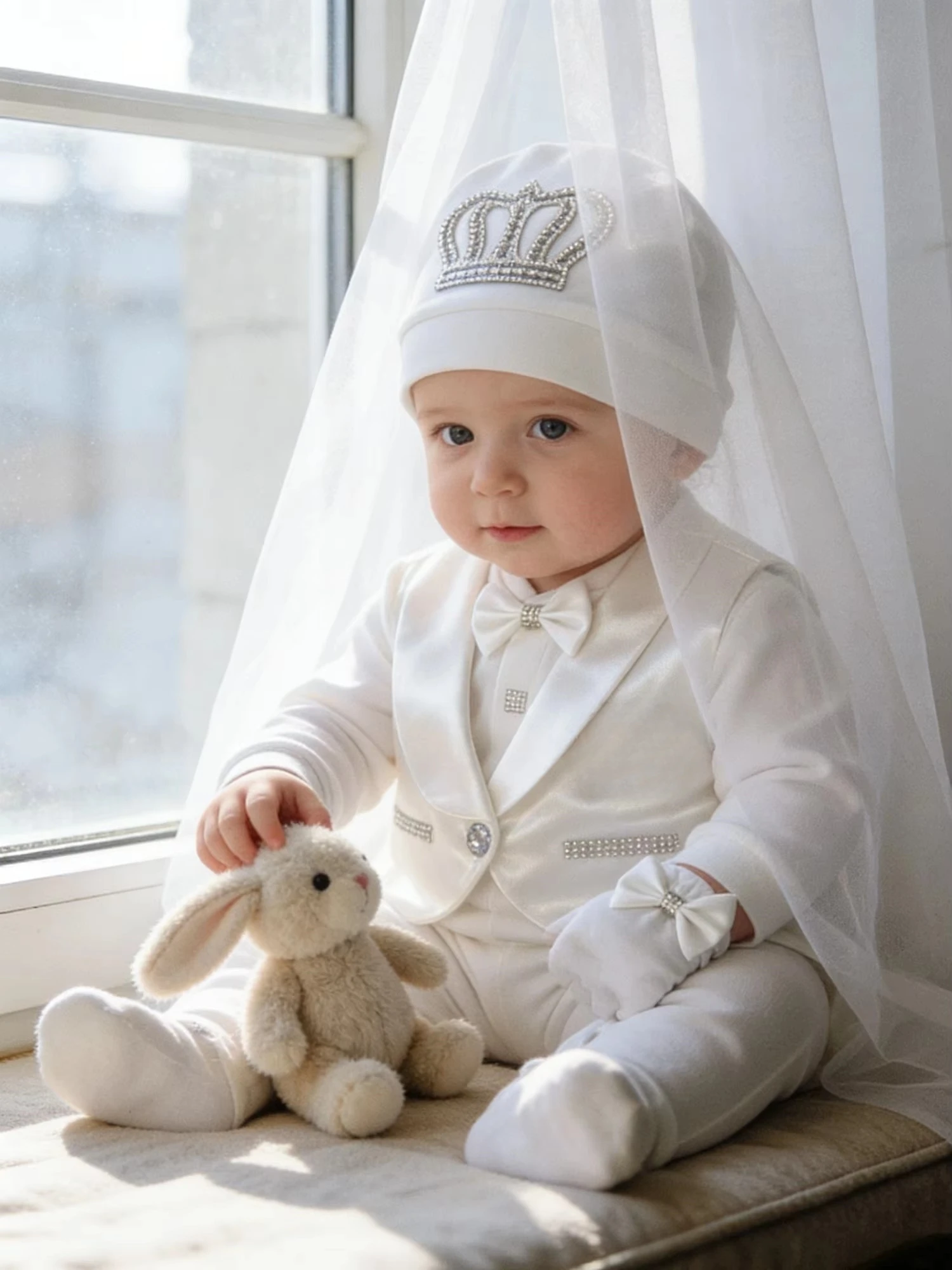 Baby Boy White Silver Vest Tuxedo Set - Onesie Hat Shoes with Rhinestone Decor