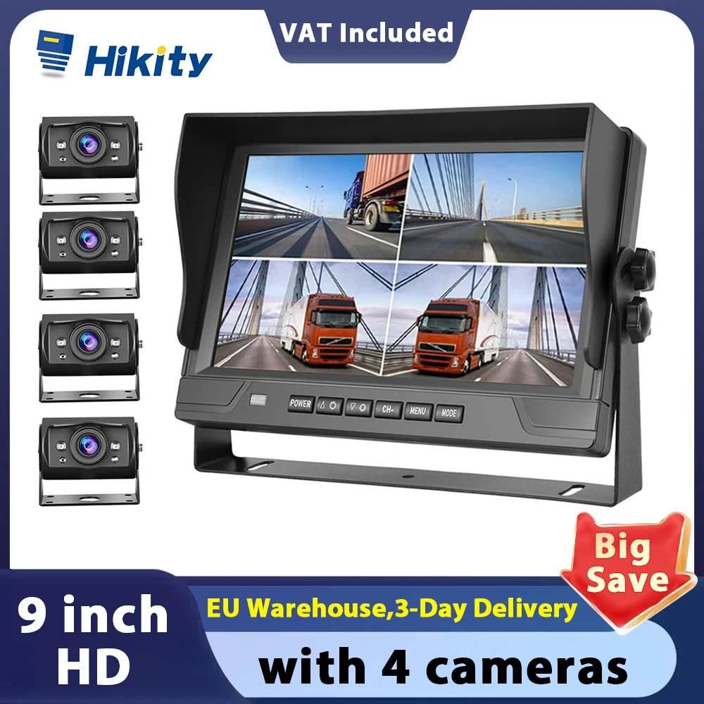 Hikity 9 inch HD Car Reversing Camera Set with 4pcs Night Vision Cameras Car Rear View Monitor Video Recording for Trucks Buses