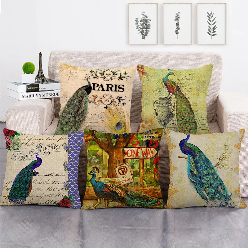 Noble Peacock Pillows Case Green Peacock Cotton Linen Pillowcase 40x40 Cm Bed Sofa Bedroom Garden Chair Pillow Cover 45x45cm