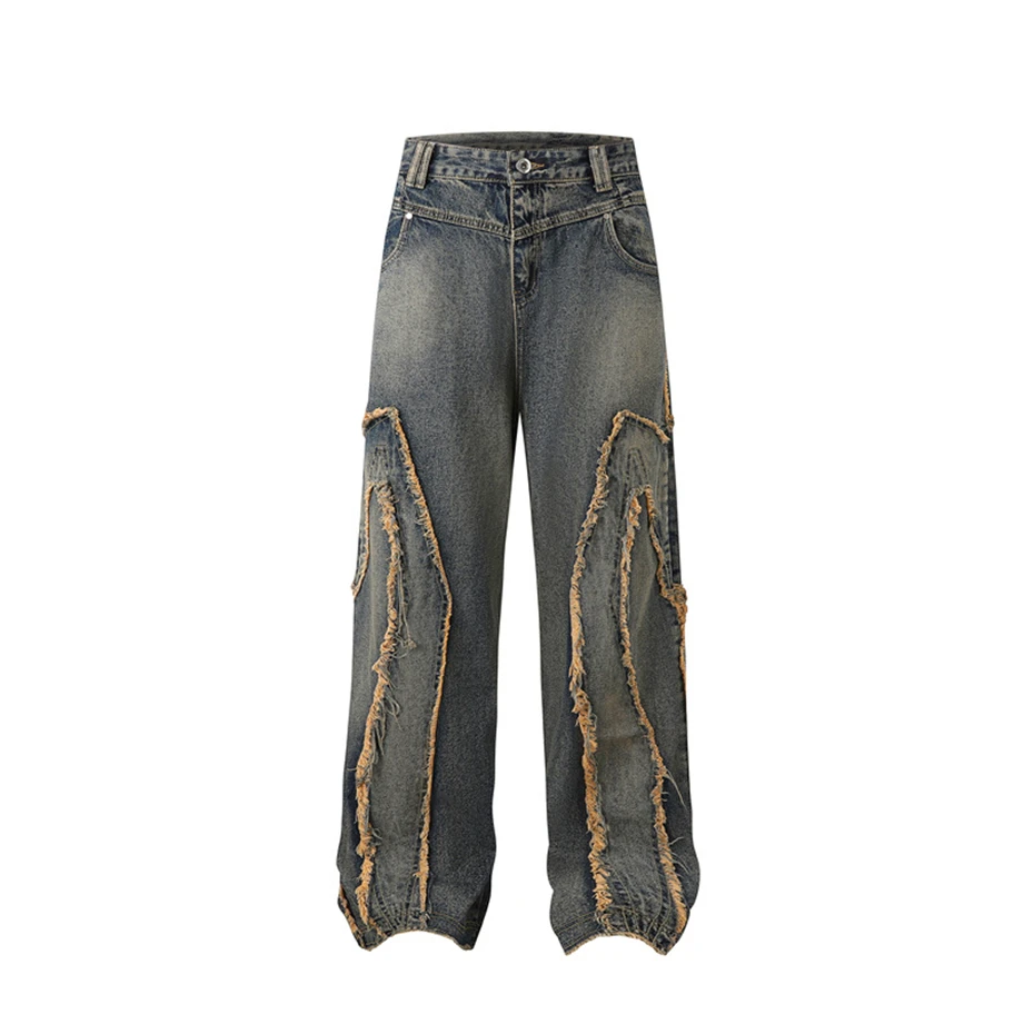 

Hip Hop Patch Jeans Mens Streetwear Punk Y2k Raw Edge Denim Trousers Men Harajuku Vintage Washed Baggy Wide-leg Pants