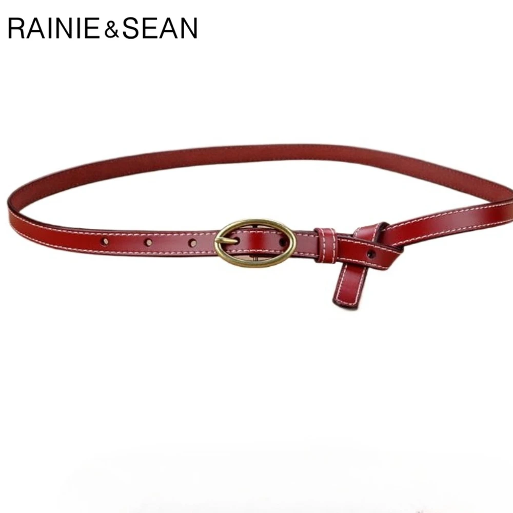 

RAINIE SEAN Red Leather Belt Woman Vintage Leather Women Belt Thin Golden Pin Buckle Waist Belts Skinny Pants Belt for Jeans