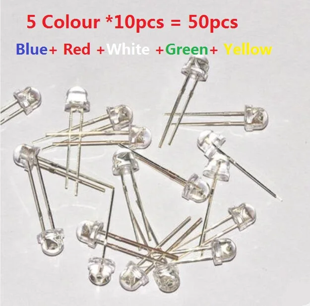 Blue Red White Green Yellow Colour 50PCS=5 Value *10pcs 5MM Straw Hat LED KIT 5MM DIY Assorted Set Pack 5mm Transparent Cove