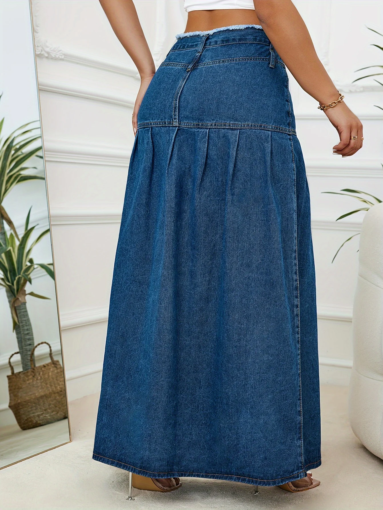 Retro pleated design sense heavy industry denim skirt women\'s high waist slimming A-line pleated long skirt for tall people pay