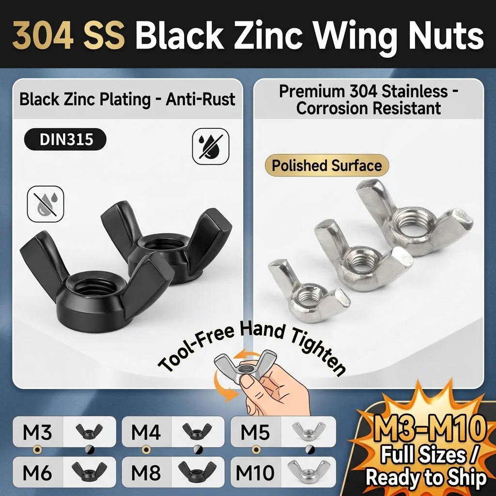 304 Stainless Steel Wing Nuts M3 M4 M5 M6 M8 M10 Black Zinc Oxide Butterfly Nut Hand Tighten Wingnuts DIN315 Rustproof Fasteners