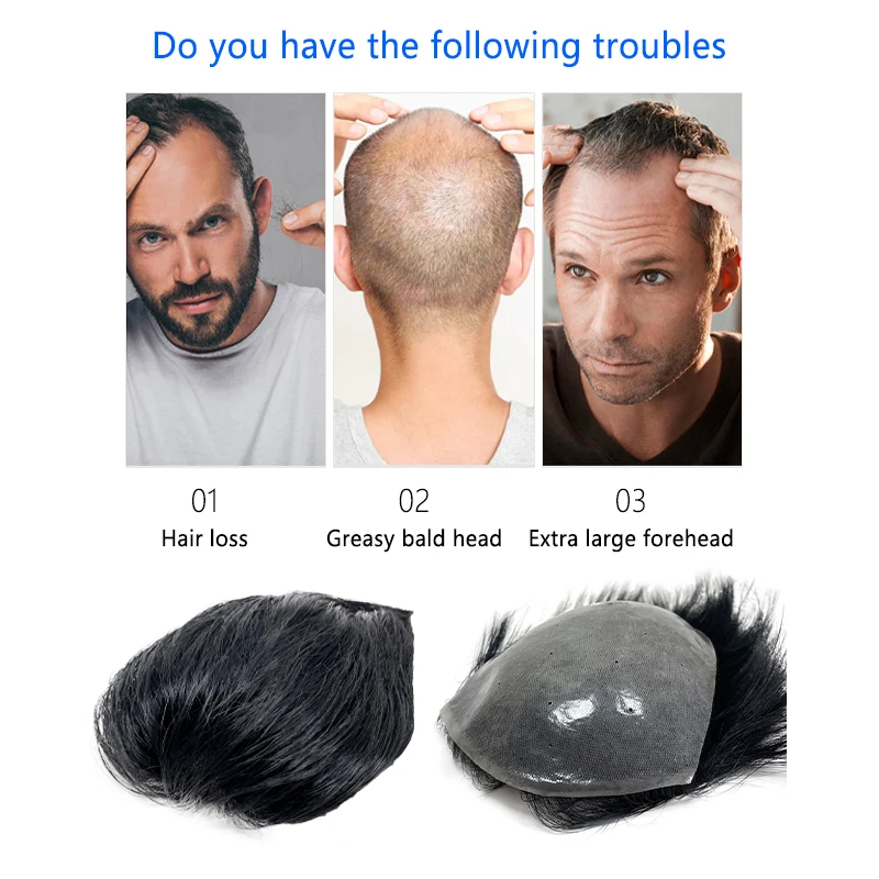 15*20cm Men's 100% Human Hair Natural Slicked Back Style Ultra Thin Breathable PU Capillary Prothesis Soft Invisible Toppers