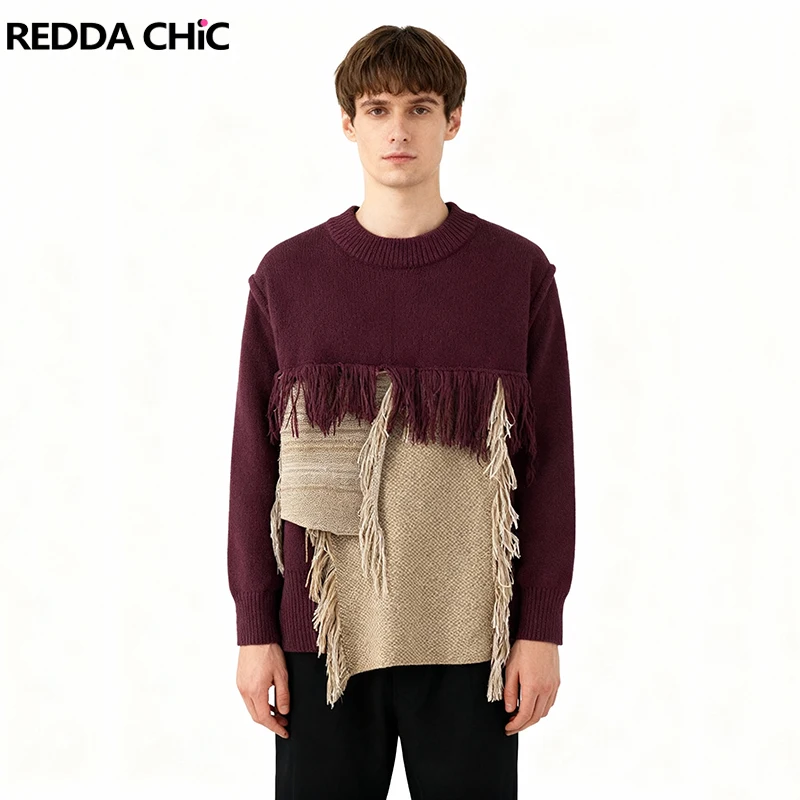 

REDDACHIC Tassel Stitch Men's Pullover Sweater Plus Size Long Sleeve Contrast Patchwork Knit Jumper Top Trendy Retro Streetwear