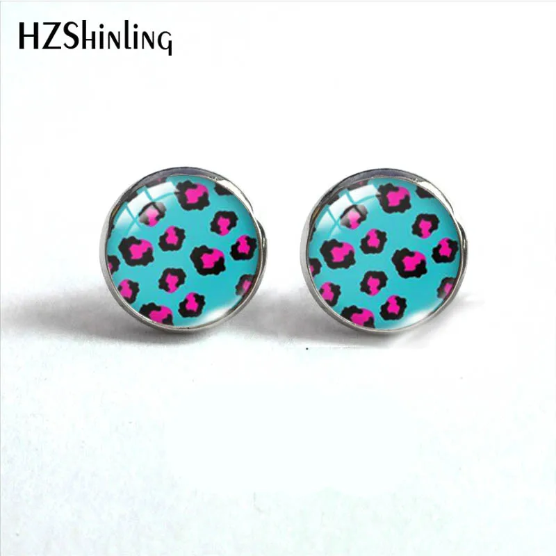 12mm Round Stud Earrings Animal Speckle Printings Pattern Glass Cabochon Stud Earrings Handmade Ear Jewelry for Women