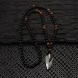 8mm Matte Black Wood Round Beads Hematite Big Arrow Pendant Necklace for Men and Women Jewerly Gift N043