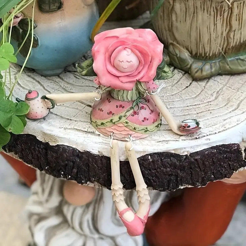 Secret Garden Elf Figurine Ornament with Flower Head Dreamy Outfit Desktop Decor Creative Tabletop Home Ornament