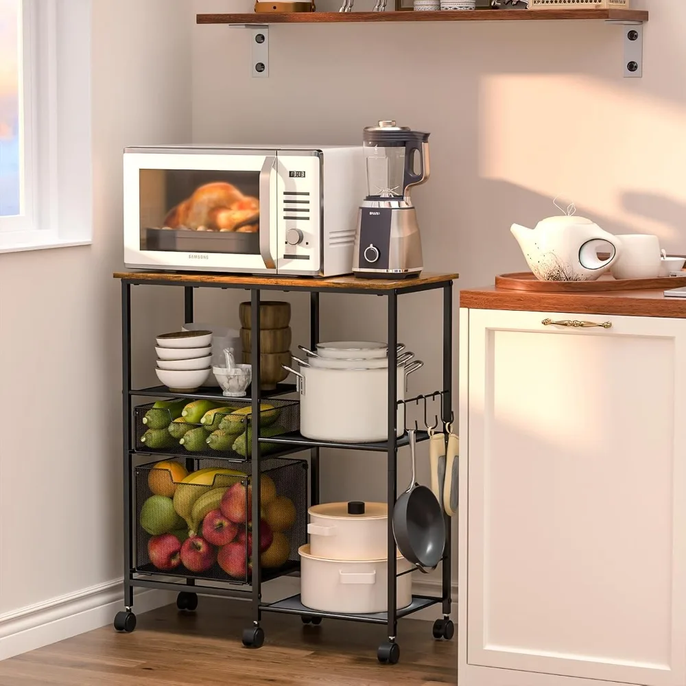 Mobile Kitchen Storage Cart with Drawers and Wheels for Microwaves and Shelves