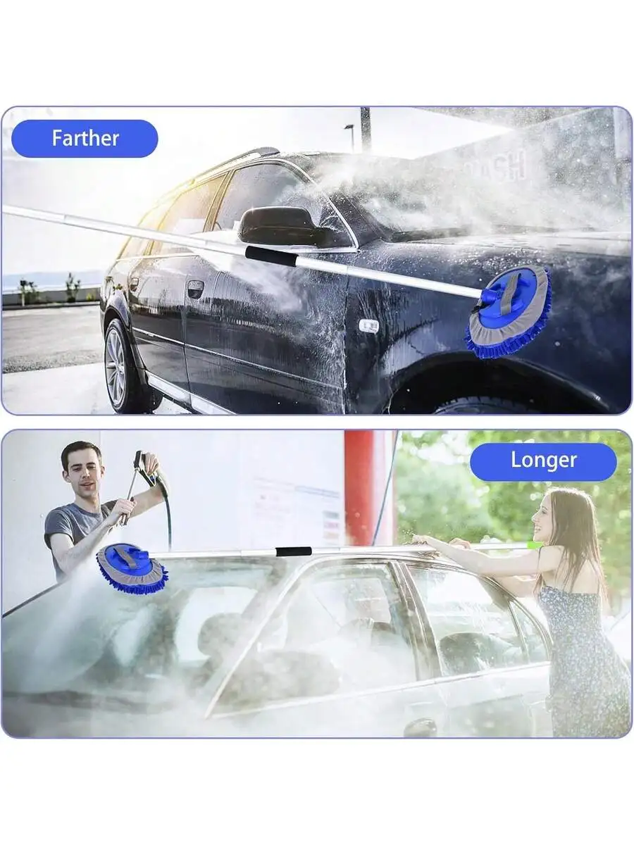 62 Long Handle Car Wash Brush Kit With Microfiber, Scratch-Chenille And Aluminum Alloy Pole Car, RV, Truck Cleaning (Blue)