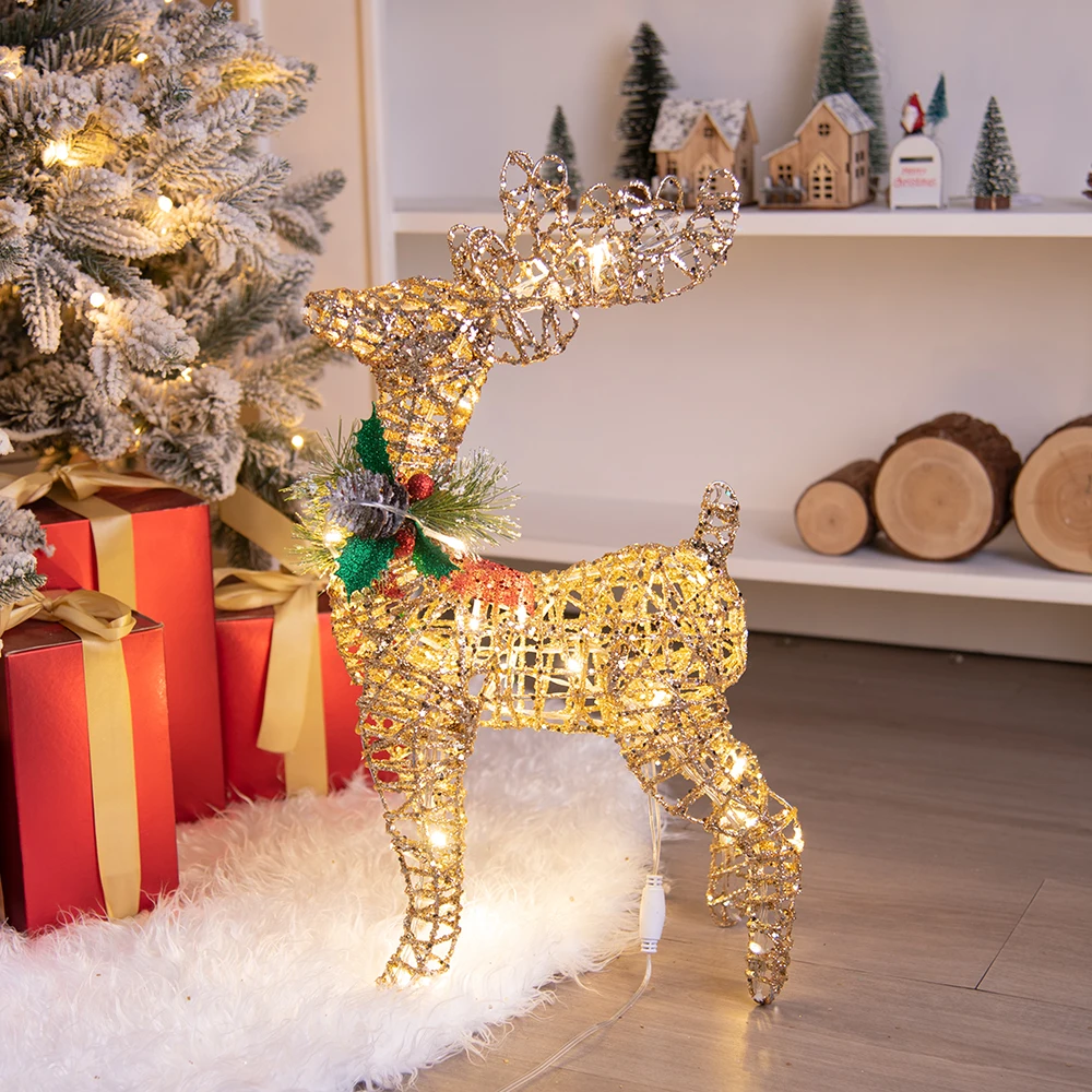 Christmas Iron Deer Ornaments Golden Reindeer Cart Elk Garden Decoration Christmas Tree Matching Scene Deer Light New Year Decor